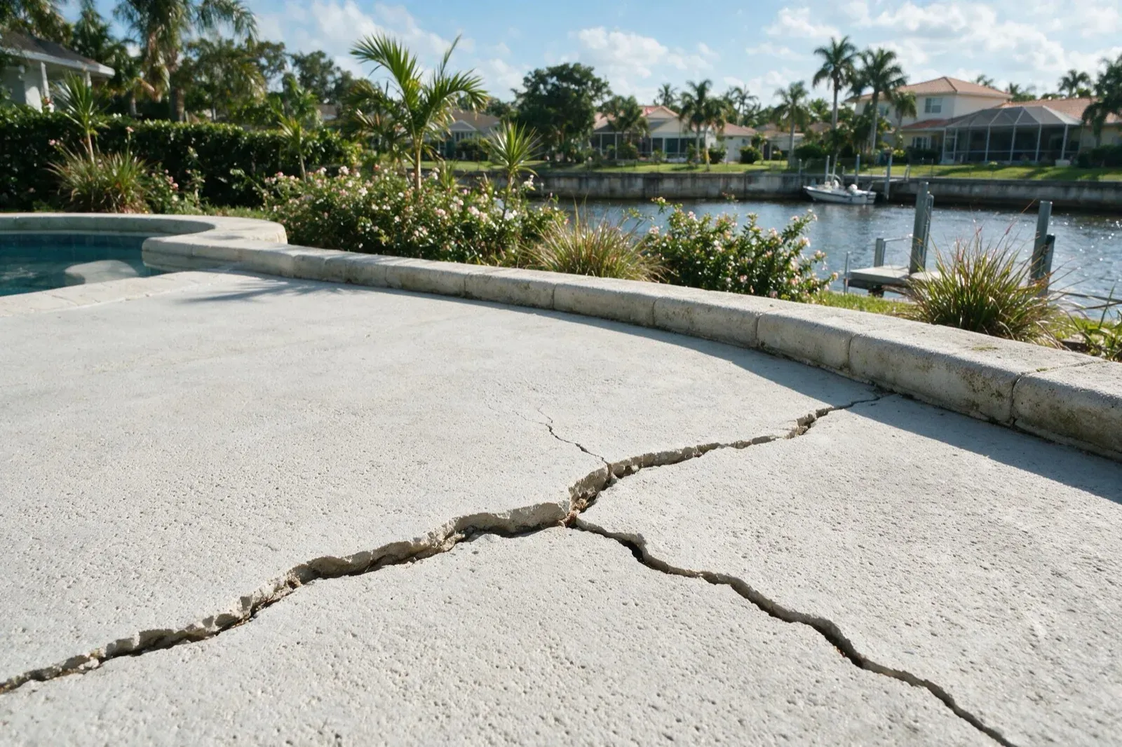 Crack running across the pool deck at a canal-front Cape Coral home