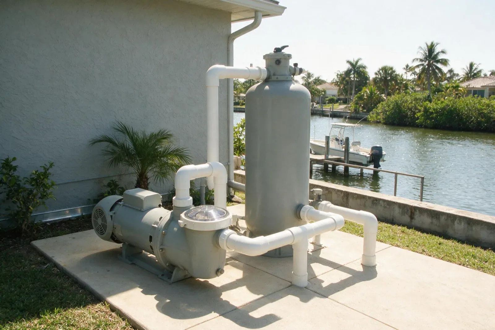 Tidy pool equipment pad at a canal-front Cape Coral home