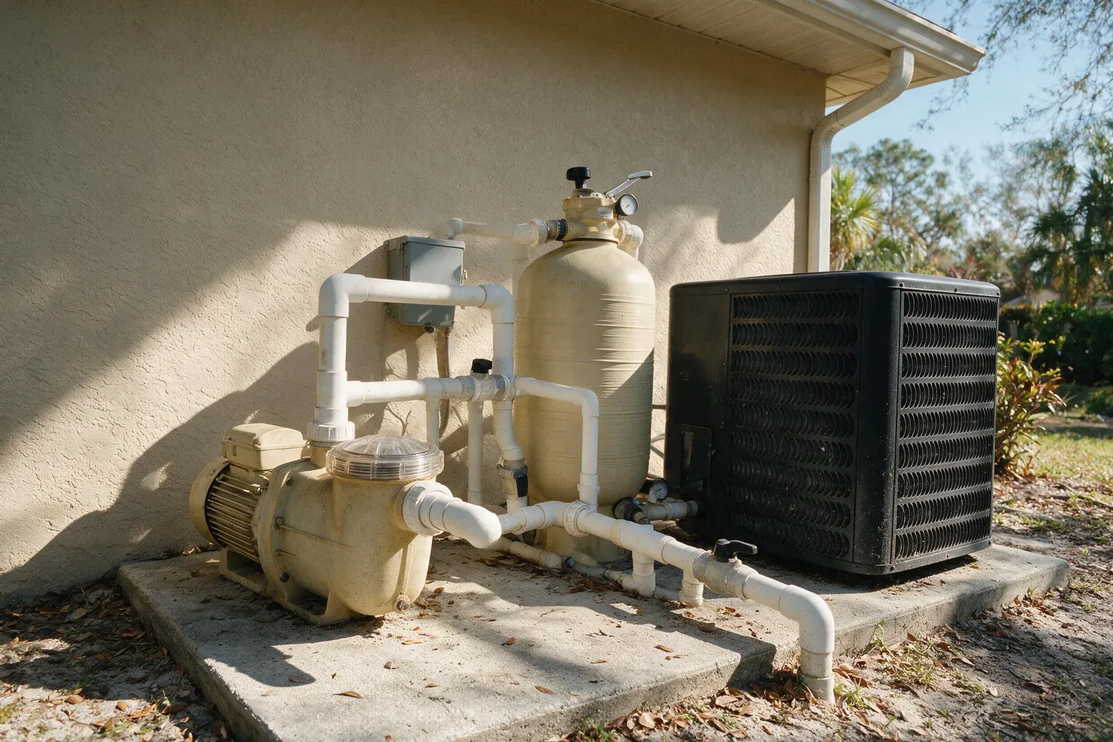 Pool equipment pad with pump and filter in Fort Myers