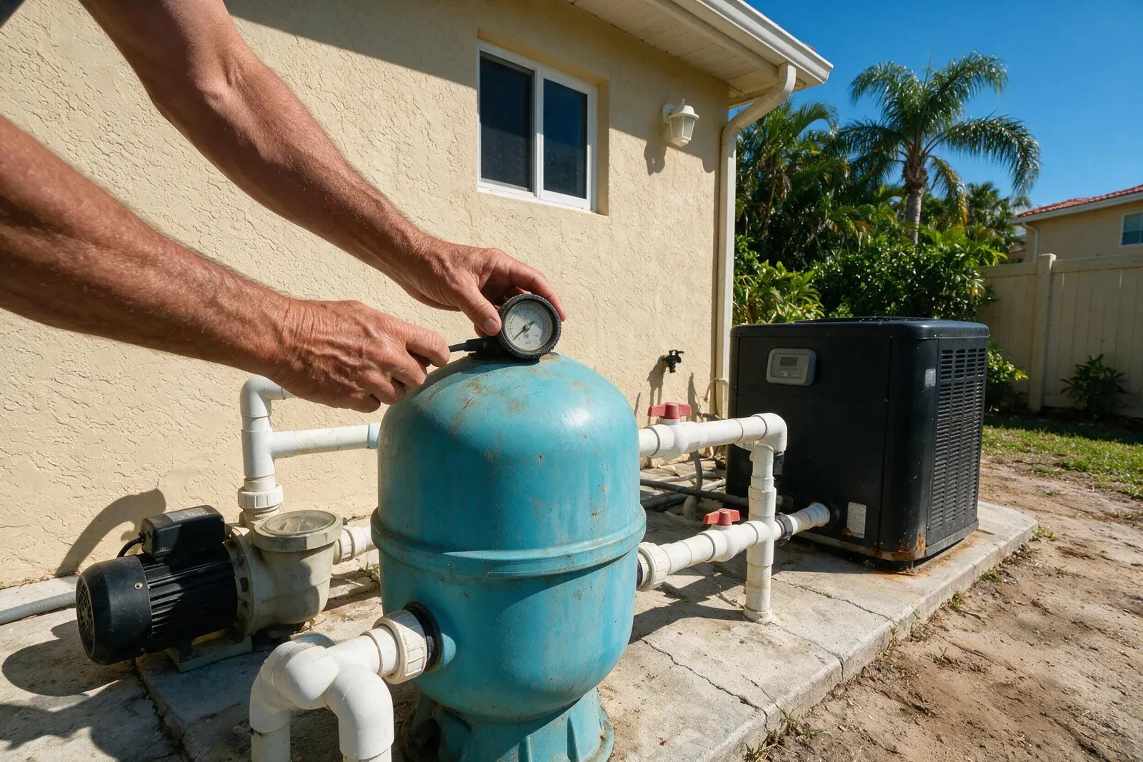 Technician checking the pressure gauge on a pool filter