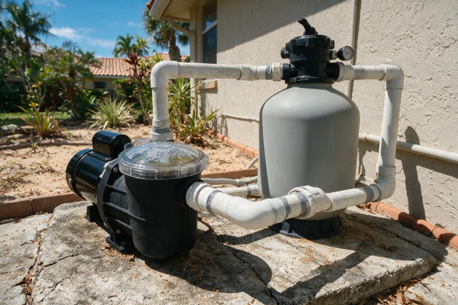 Pool pump running at an equipment pad beside the house