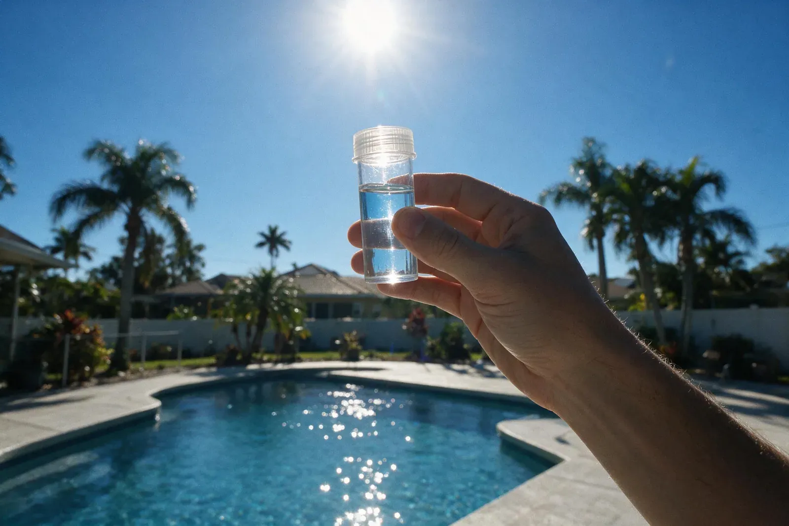 Water sample held up to the light beside a pool