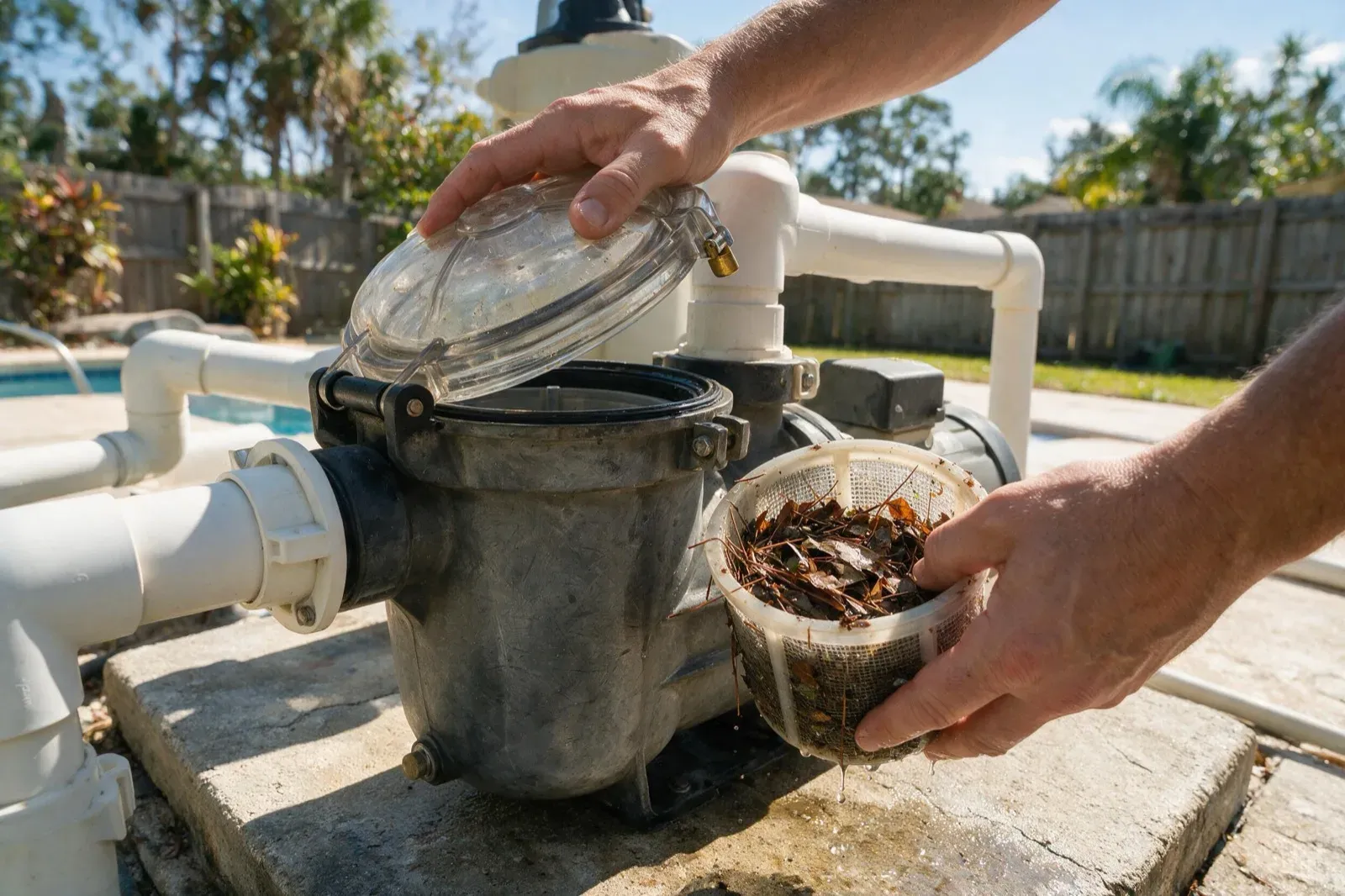 Technician lifting the debris-filled basket out of a pool pump strainer pot