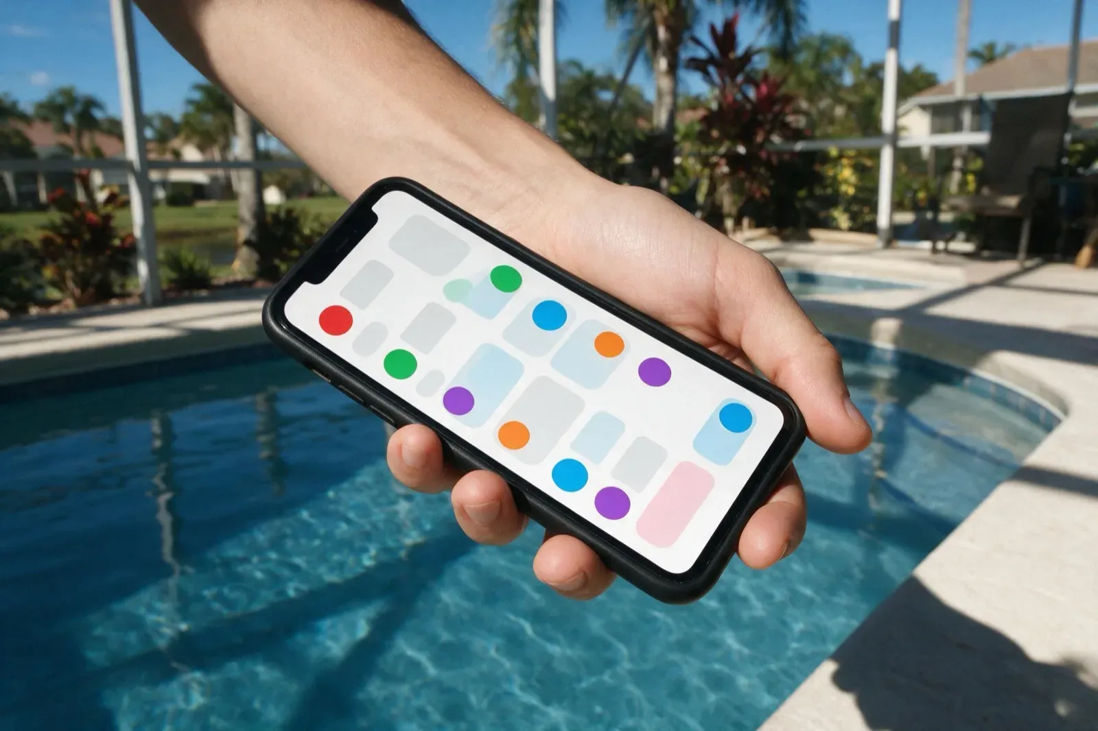 Pool automation app on a phone at the pool edge