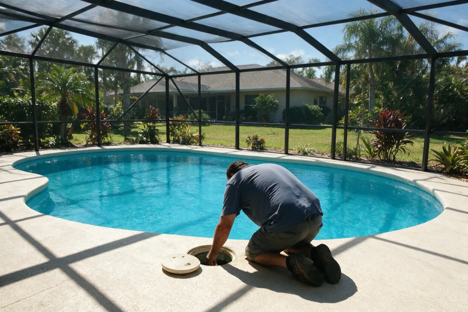 Technician lifting the skimmer lid to inspect the housing