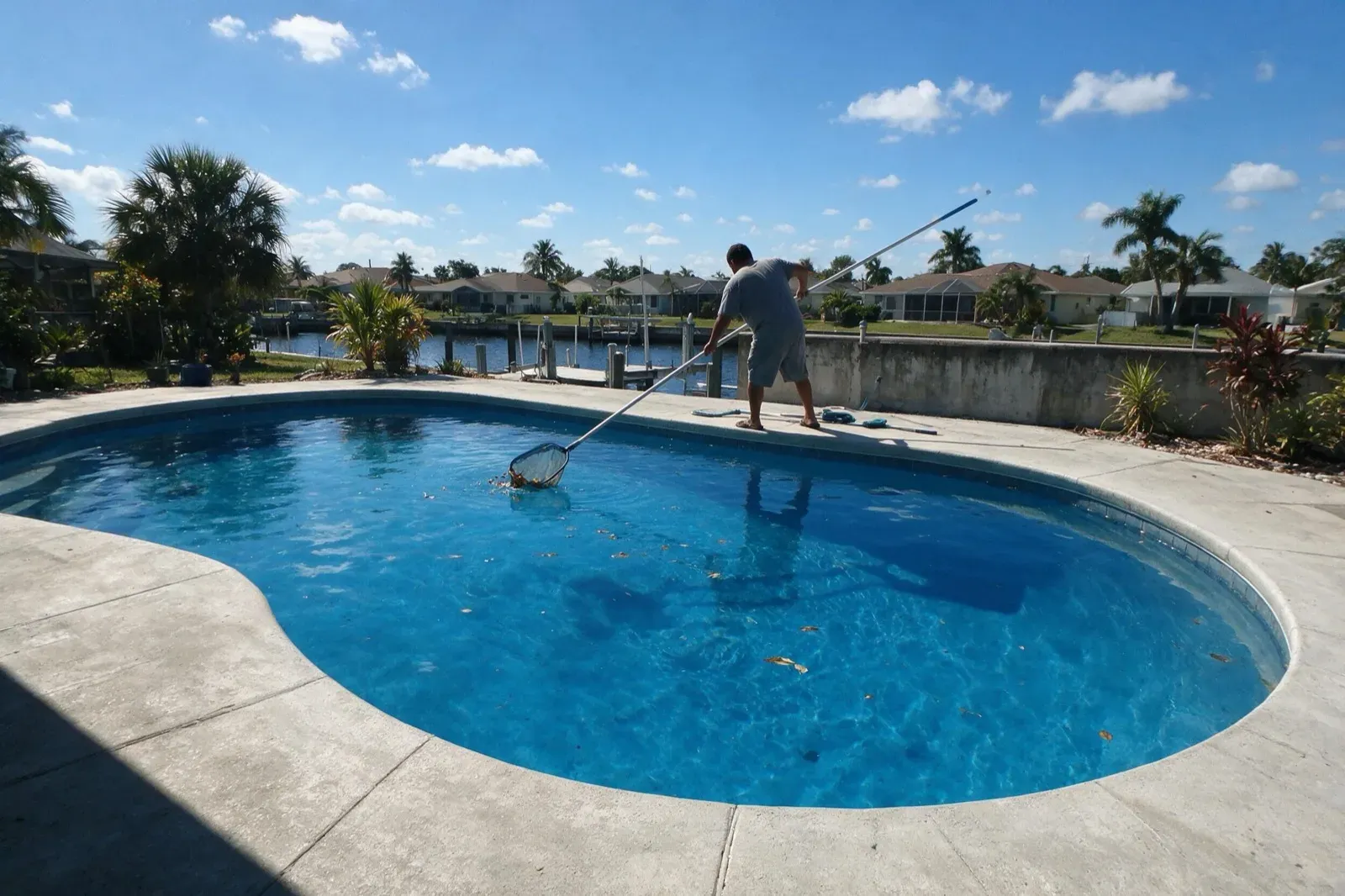 Technician skimming a canal-front pool in Cape Coral